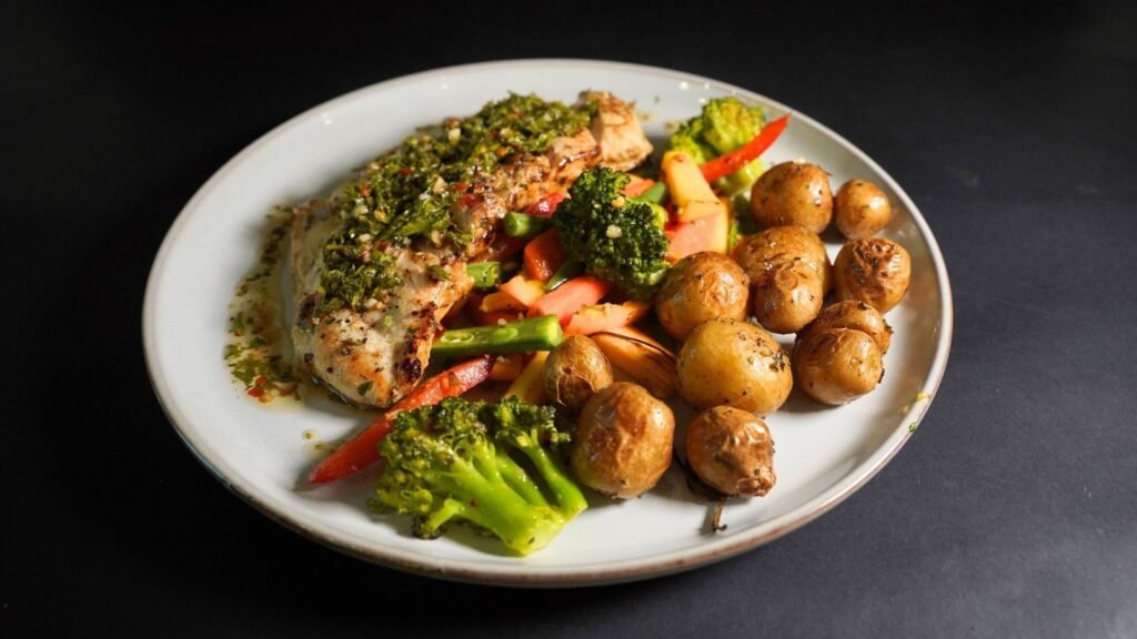 Chimichurri Chicken Steak with Roast Potatoes & Charred Veggies